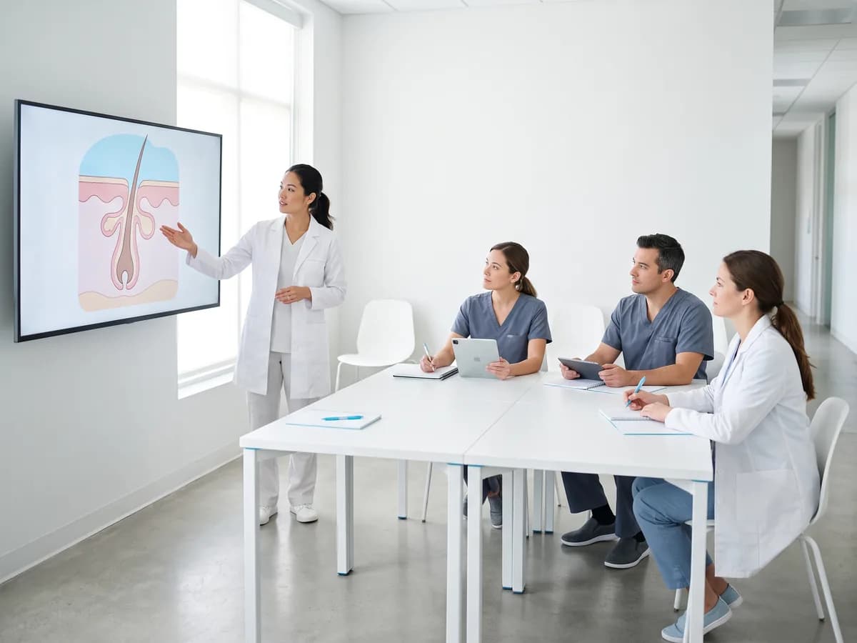 A clinical team training session in front of an illustration of a hair follicle