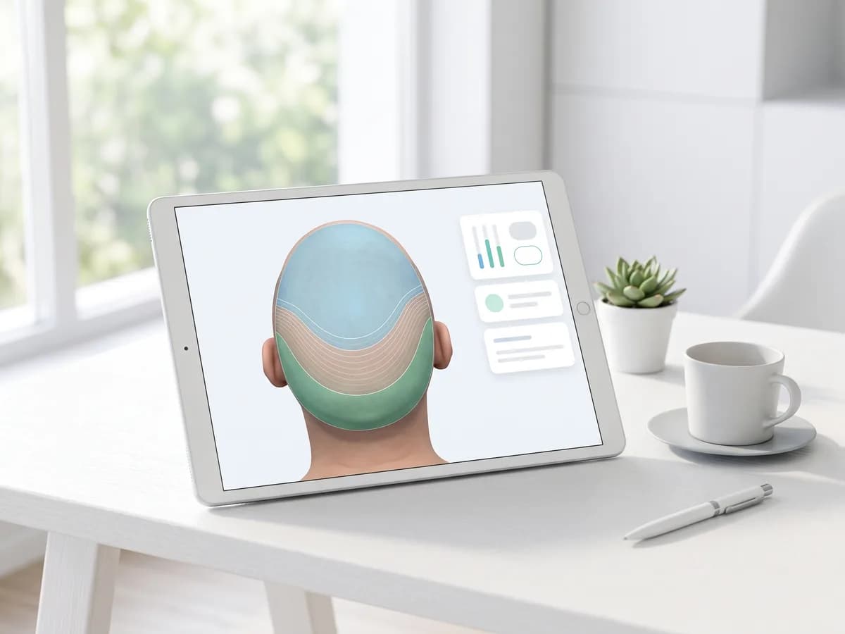 A 3D head model with the recipient area in blue and the donor area in green