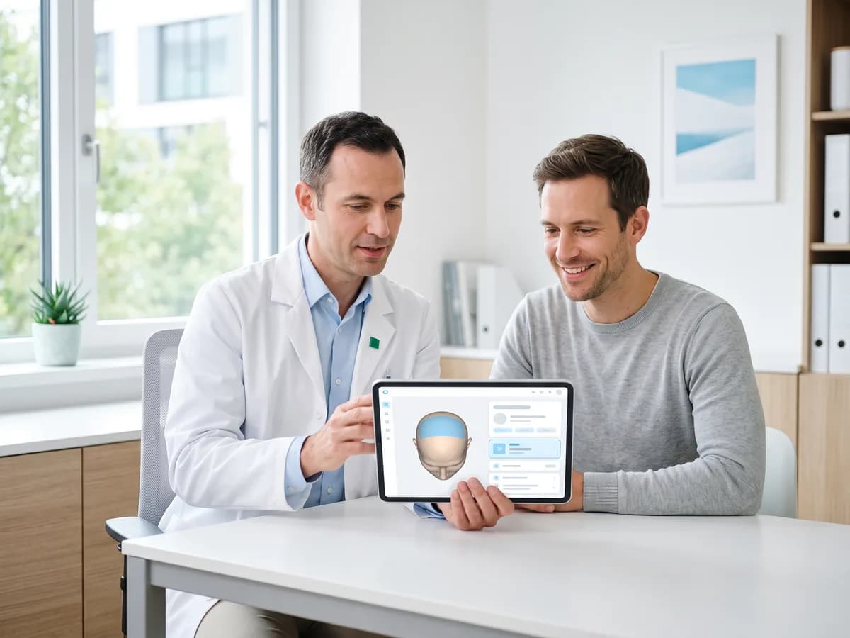 A doctor walks a patient through the quote with the 3D model on a tablet