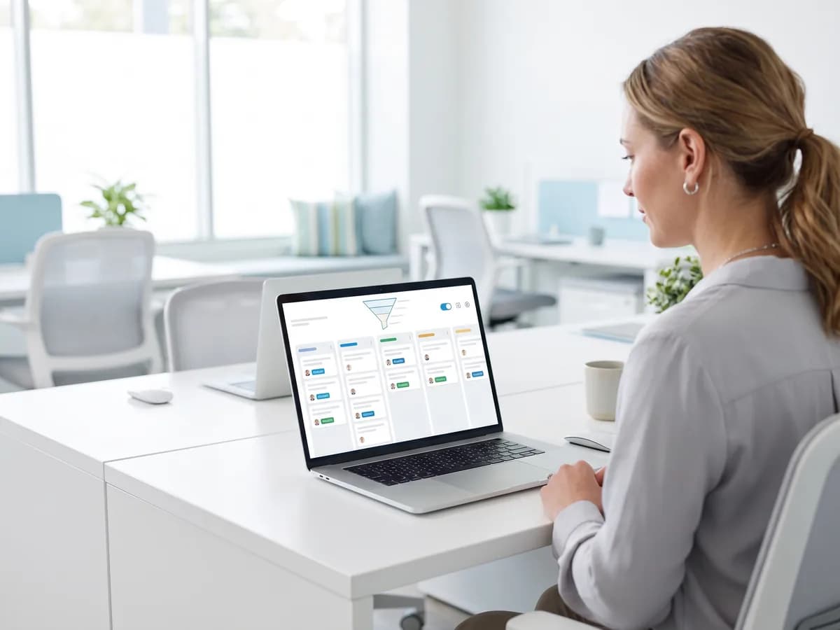 A coordinator reviews the lead board by stage on a laptop