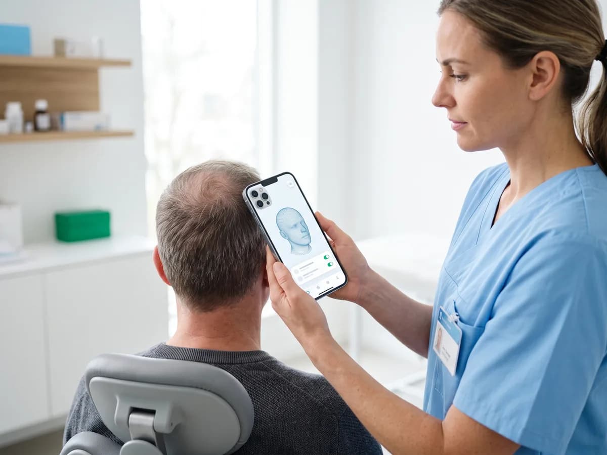 A clinician 3D-scans a patient's head with an iPhone LiDAR sensor