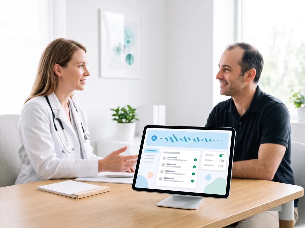 A doctor talks with a patient while a tablet transcribes the visit and fills in the medical record