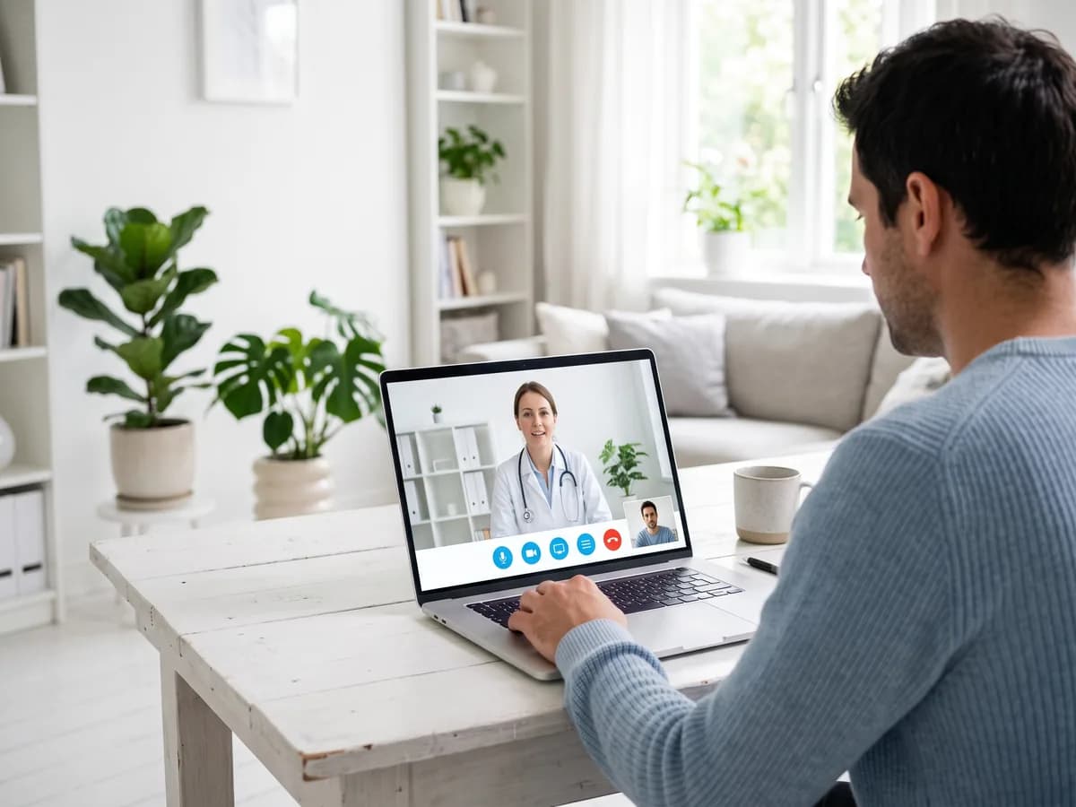 A patient at home in a video consultation with his doctor on a laptop