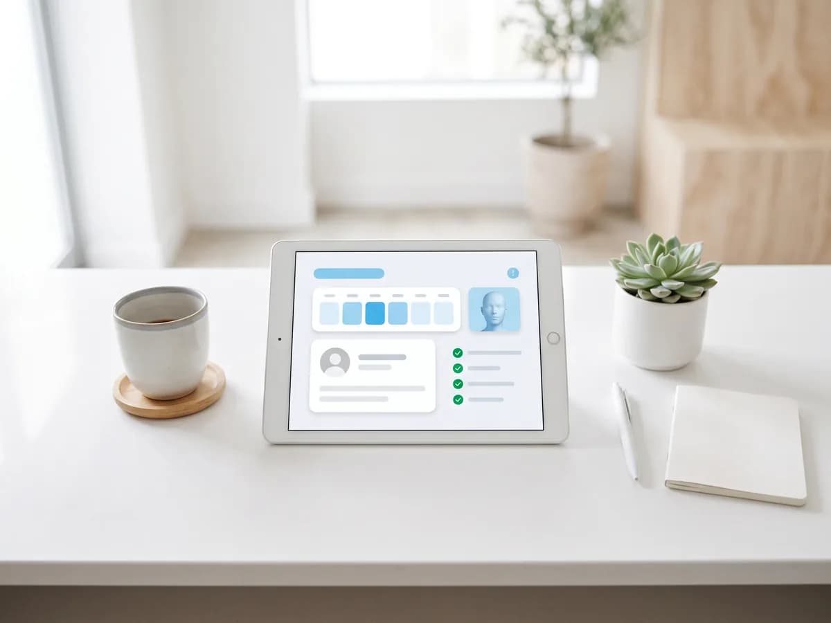 The same desk, tidy, with a single tablet that brings everything together in TrichoSuite