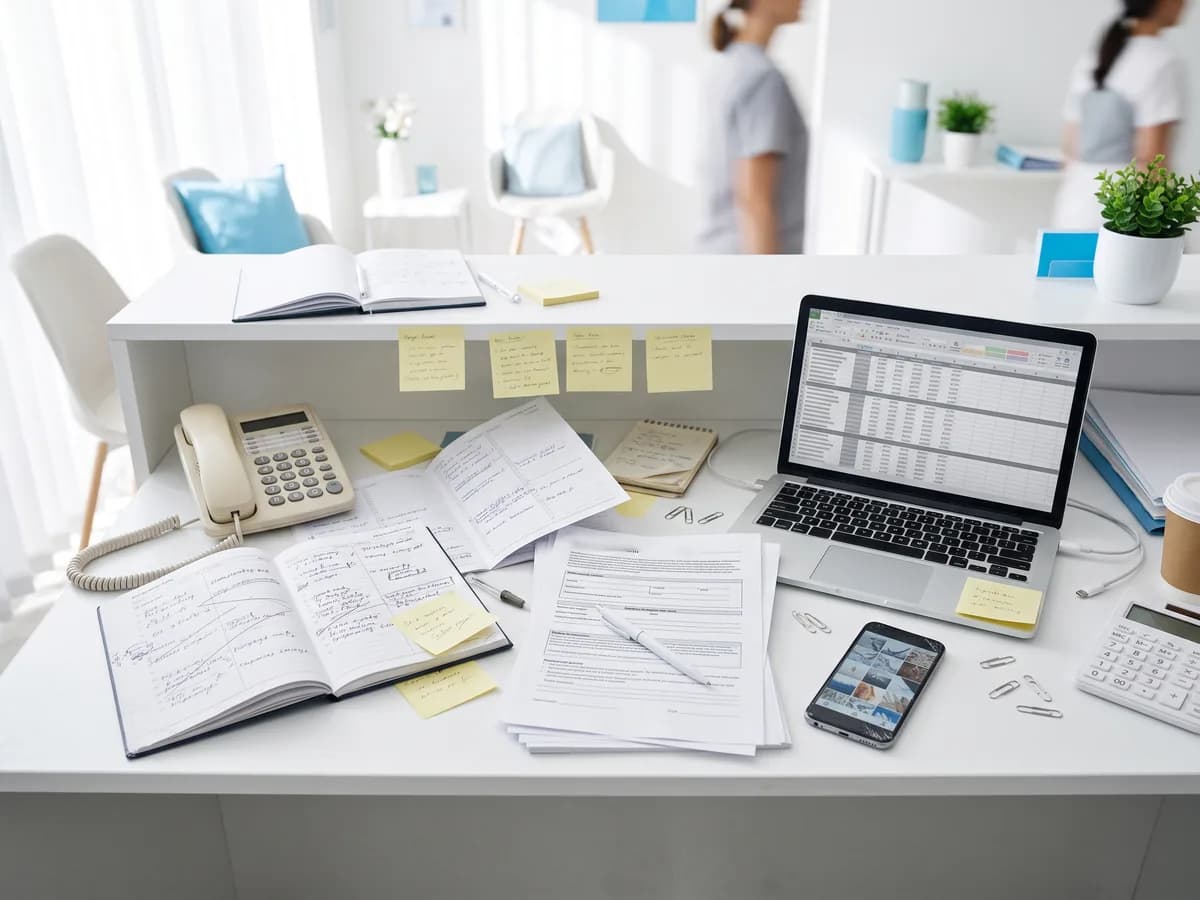 A reception desk cluttered with paper diaries, notes, a phone, forms and spreadsheets