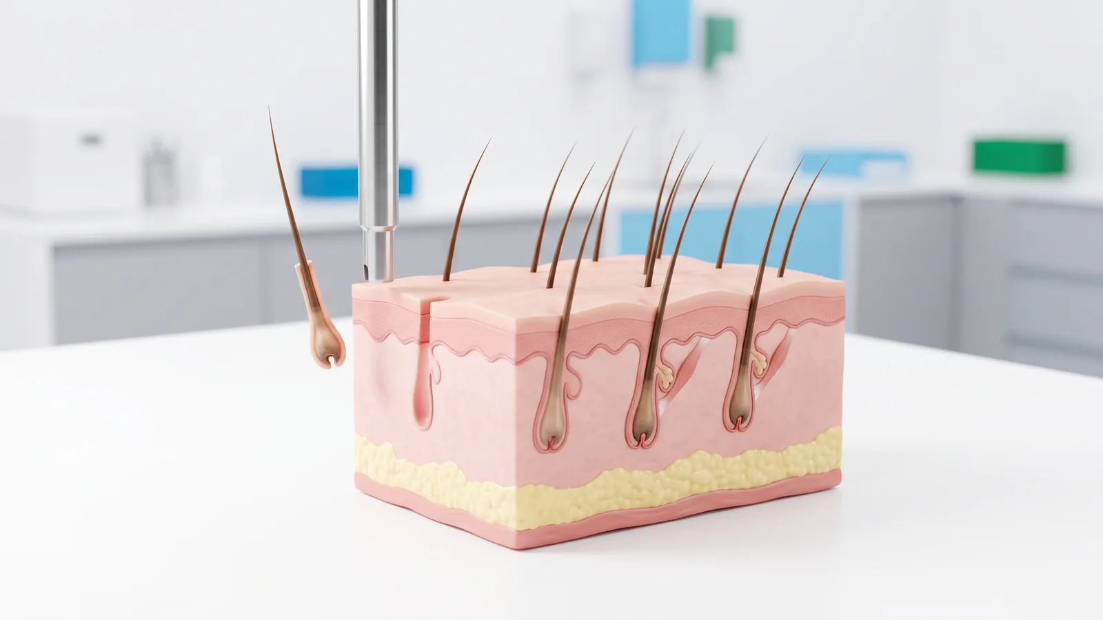 Scalp cross-section with follicular units of one, two and three hairs and a micro-punch lifting out a single unit with its root