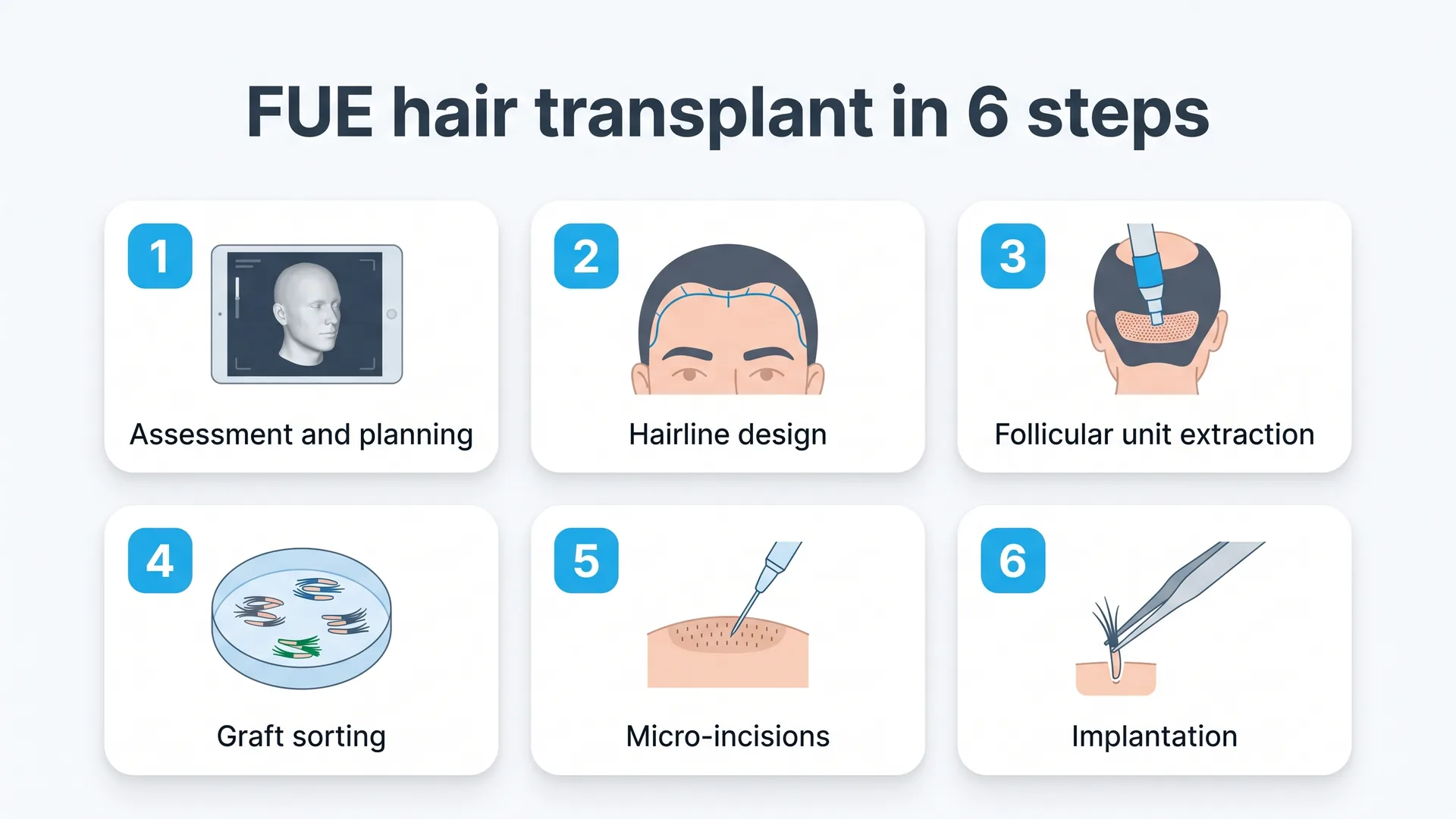 The six steps of an FUE hair transplant: assessment and planning, hairline design, follicular unit extraction, graft sorting, micro-incisions and implantation